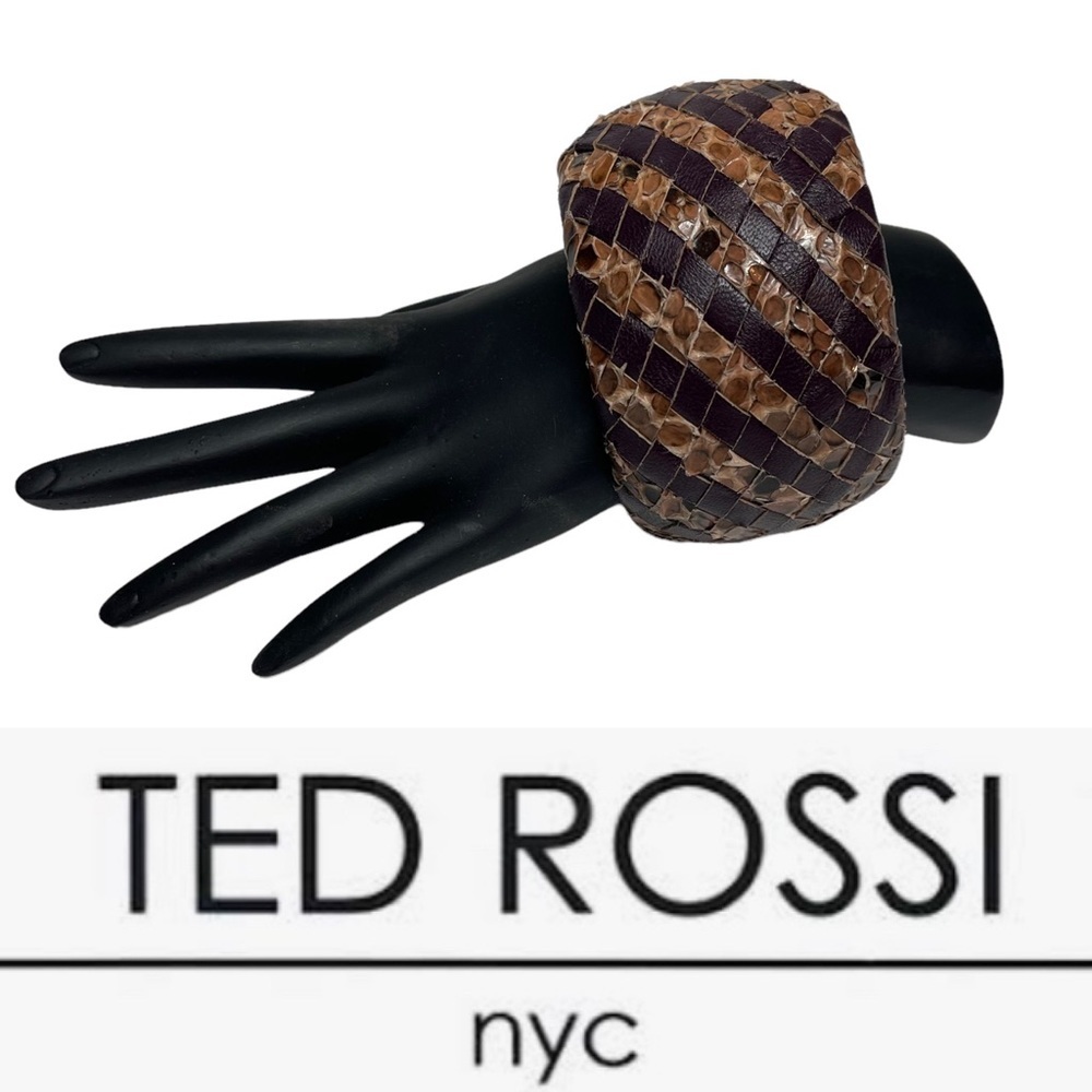 Ted Rossi NYC Snakeskin and Leather Woven Wide Bangle Bracelet Brown
